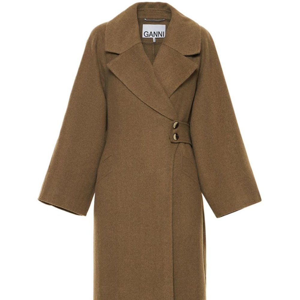 GANNI Wide-sleeve Recycled-wool Blend Tailored Coat In Nude & Neutrals SIZE 34